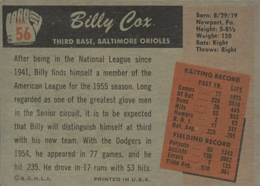 1955 Bowman #56 Billy Cox Back