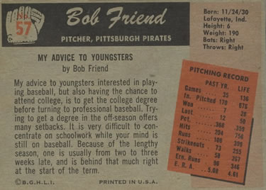 1955 Bowman #57 Bob Friend Back