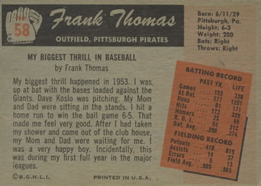 1955 Bowman #58 Frank Thomas Back