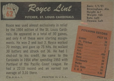 1955 Bowman #62 Royce Lint Back