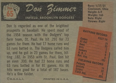 1955 Bowman #65 Don Zimmer Back