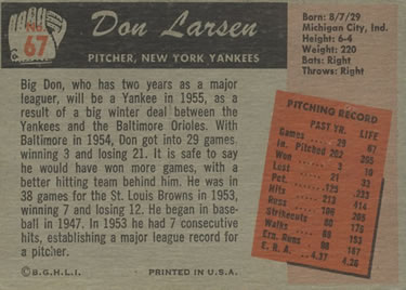 1955 Bowman #67 Don Larsen Back