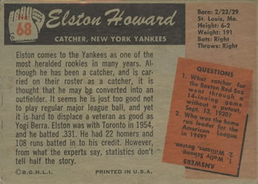 1955 Bowman #68 Elston Howard Back