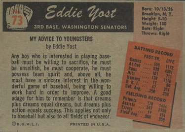 1955 Bowman #73 Eddie Yost Back