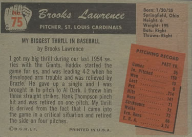 1955 Bowman #75 Brooks Lawrence Back