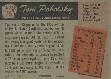 1955 Bowman #76 Tom Poholsky Back