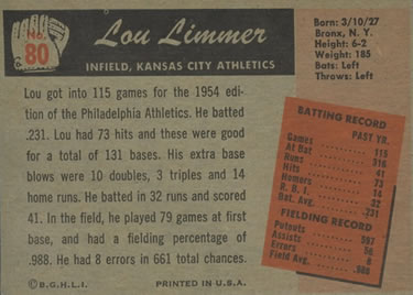 1955 Bowman #80 Lou Limmer Back