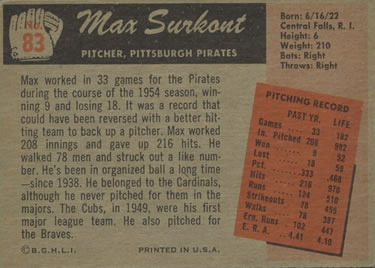 1955 Bowman #83 Max Surkont Back