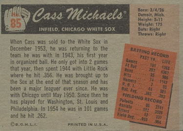 1955 Bowman #85 Cass Michaels Back