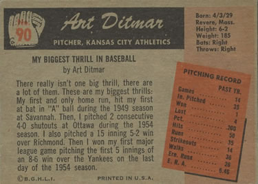 1955 Bowman #90 Art Ditmar Back