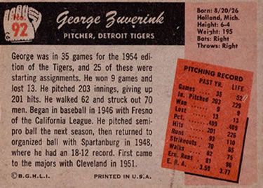 1955 Bowman #92 George Zuverink Back