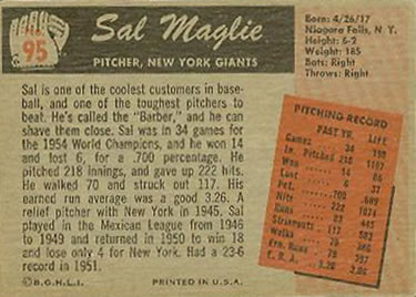 1955 Bowman #95 Sal Maglie Back