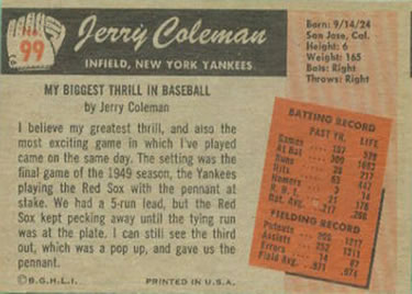 1955 Bowman #99 Jerry Coleman Back