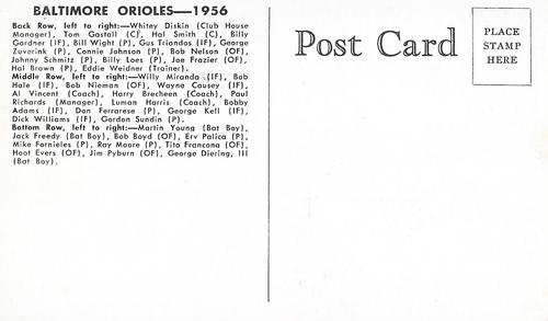 1956 Baltimore Orioles Biography Photocards #NNO 1956 Baltimore Orioles Back
