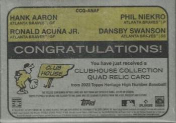 2022 Topps Heritage - Clubhouse Collection Quad Relics High Number #CCQ-ANAF Hank Aaron / Dansby Swanson / Ronald Acuña Jr. / Phil Niekro Back