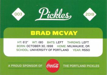 2019 Portland Pickles #003 Brad McVay Back