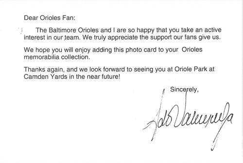 1993 Baltimore Orioles Photocards #NNO Fernando Valenzuela Back