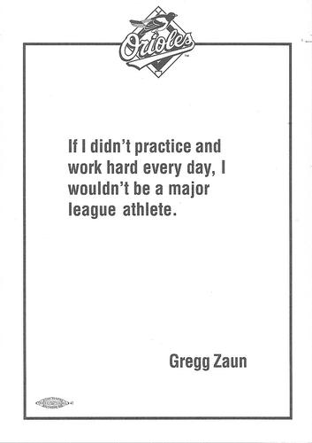 1996 Baltimore Orioles Photocards #NNO Gregg Zaun Back