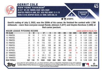2023 Topps 1st Edition #45 Gerrit Cole Back