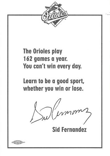 1995 Baltimore Orioles Photocards #NNO Sid Fernandez Back