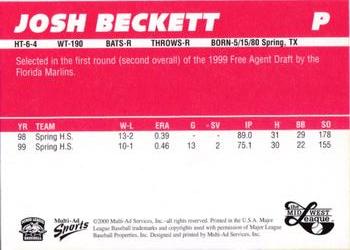 2000 Multi-Ad Midwest League Top Prospects (Unnumbered) #NNO Josh Beckett Back