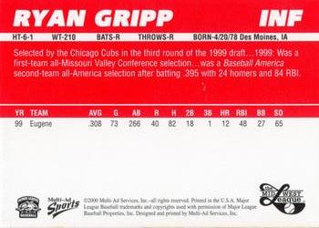 2000 Multi-Ad Midwest League Top Prospects (Unnumbered) #NNO Ryan Gripp Back