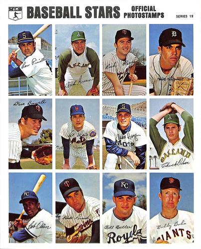 1969-70 MLB/MLBPA Baseball Stars Photostamps - Uncut Sheets #19 Lou Piniella / Dick Green / Rich Reese / Mike Kilkenny / Dave Boswell / Al Weis / Mike Hershberger / Chuck Dobson / Bob Oliver / Ron Perranoski / Bill Butler / Bobby Bolin Front