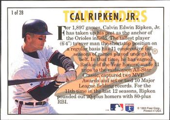 1994 Fleer - Team Leaders #1 Cal Ripken, Jr. Back