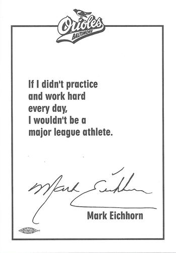1994 Baltimore Orioles Photocards #NNO Mark Eichhorn Back