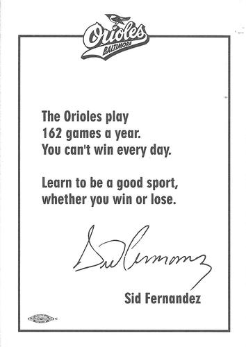 1994 Baltimore Orioles Photocards #NNO Sid Fernandez Back
