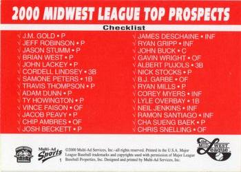2000 Multi-Ad Midwest League Top Prospects (Numbered Oval Logo) #1 Header / Checklist Back