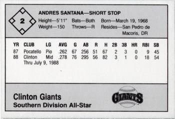 1988 Grand Slam Midwest League All-Stars - No MLB Logo #2 Andres Santana Back