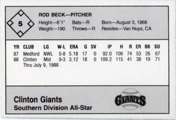 1988 Grand Slam Midwest League All-Stars - No MLB Logo #5 Rod Beck Back