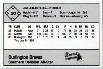1988 Grand Slam Midwest League All-Stars - No MLB Logo #20 Jim Lemasters Back