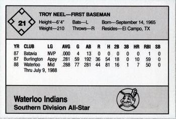 1988 Grand Slam Midwest League All-Stars - No MLB Logo #21 Troy Neel Back