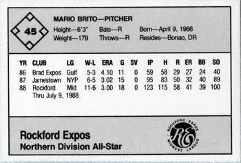1988 Grand Slam Midwest League All-Stars - No MLB Logo #45 Mario Brito Back