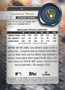 2022 Topps Gold Label - Class 1 Black #51 Christian Yelich Back