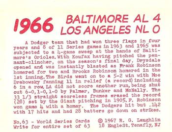 1967 Laughlin World Series - Promos #63 1966 Orioles vs Dodgers Back