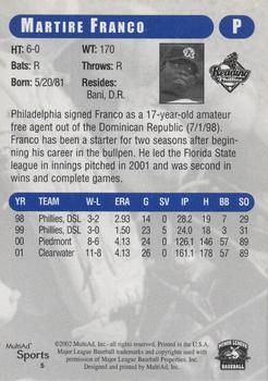 2002 MultiAd Reading Phillies Update #5 Martire Franco Back