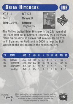 2002 MultiAd Reading Phillies Update #8 Brian Hitchcox Back