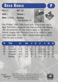 2002 MultiAd Reading Phillies Update #11 Greg Kubes Back