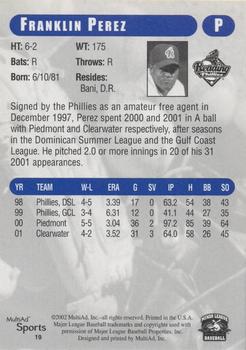 2002 MultiAd Reading Phillies Update #19 Franklin Perez Back