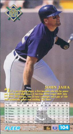 1994 Fleer Extra Bases #104 John Jaha Back