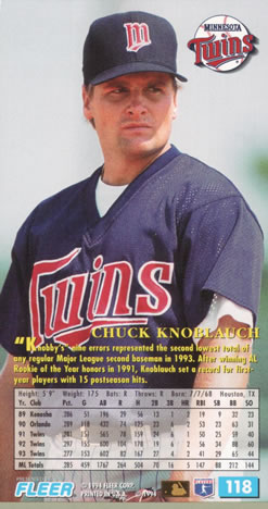 1994 Fleer Extra Bases #118 Chuck Knoblauch Back