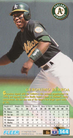 1994 Fleer Extra Bases #144 Geronimo Berroa Back