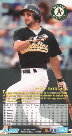 1994 Fleer Extra Bases #145 Mike Bordick Back