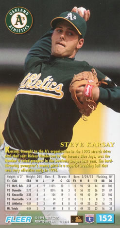1994 Fleer Extra Bases #152 Steve Karsay Back