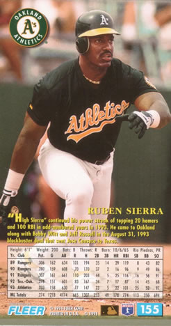 1994 Fleer Extra Bases #155 Ruben Sierra Back