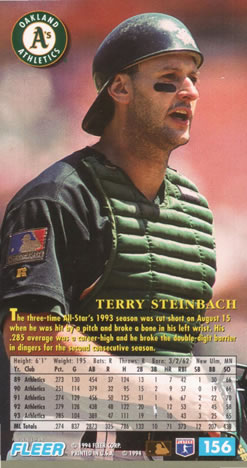 1994 Fleer Extra Bases #156 Terry Steinbach Back