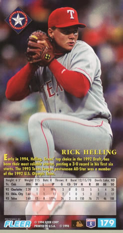 1994 Fleer Extra Bases #179 Rick Helling Back